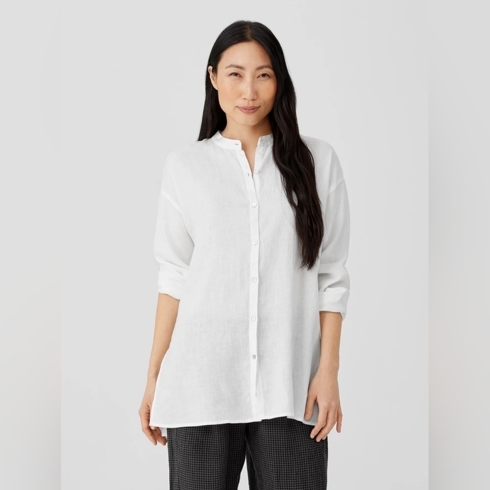 Eileen Fisher Organic Handkerchief Linen Mandarin Collar Shirt - Picture 3 of 15